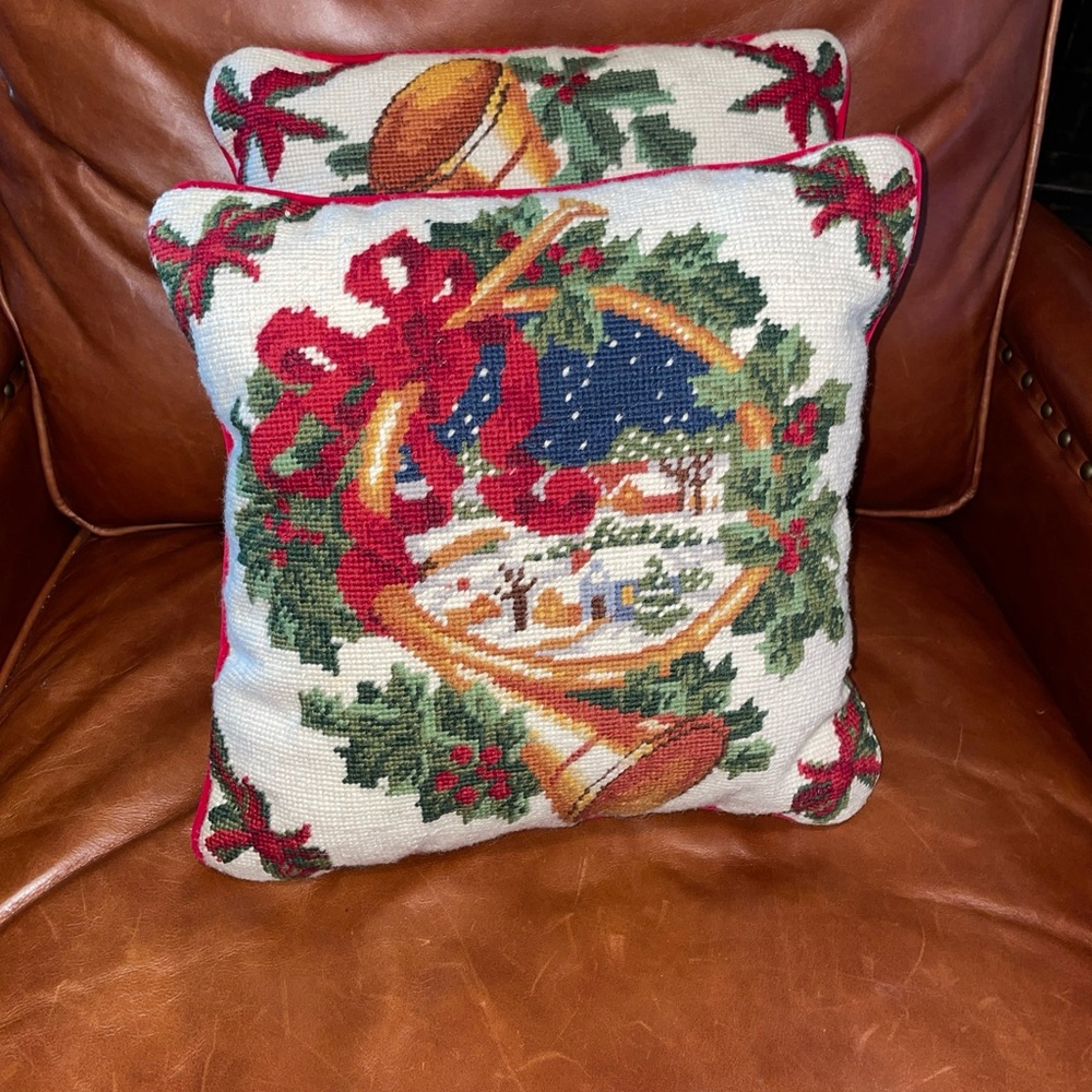 100% Wool Handmade Needle Point 2/Pillow Christmas Cabin French Horn 13x13”